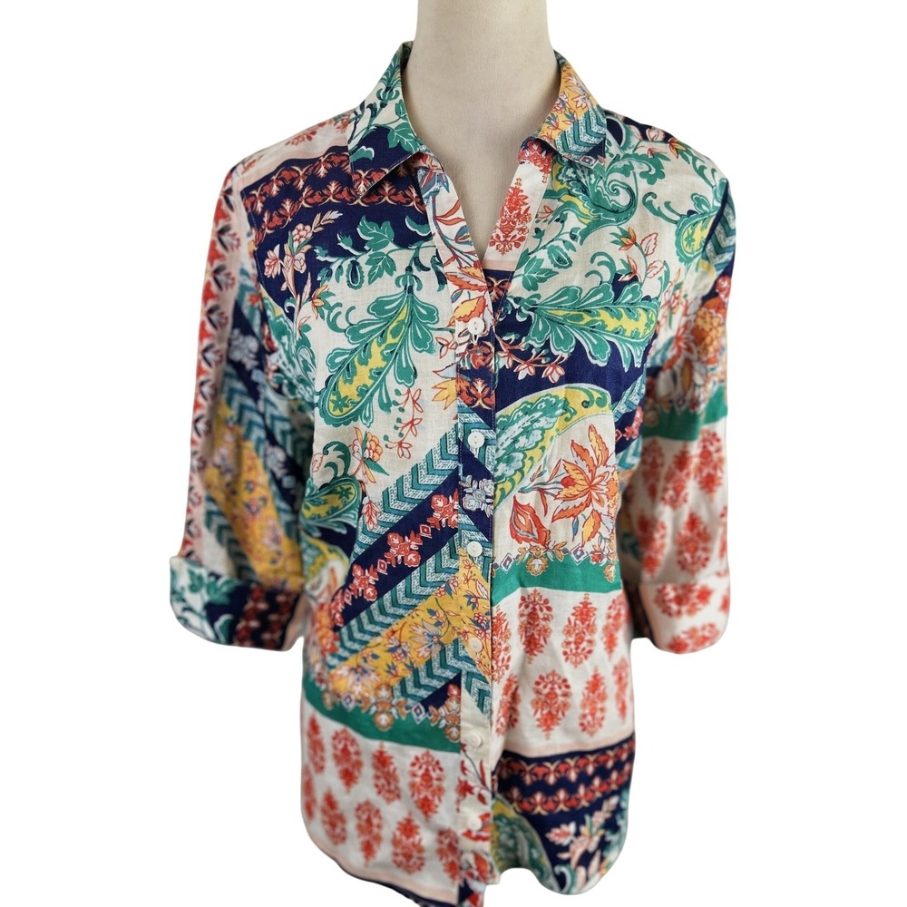 Chico's No Iron Linen Button Down Paisley Patchwork Multicolor Womens Blouse